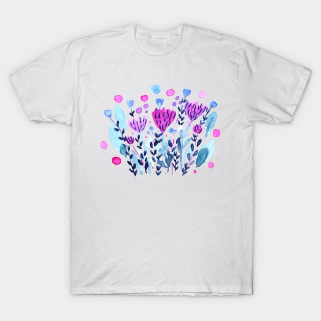 Watercolor whimsical flowers - purple and indigo T-Shirt by wackapacka